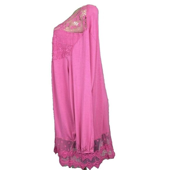 Roaman's 26/28 Pink Scoop Neck Lace Bib Sheer Mesh Scallop Hem Long Sleeve Top - Picture 5 of 6